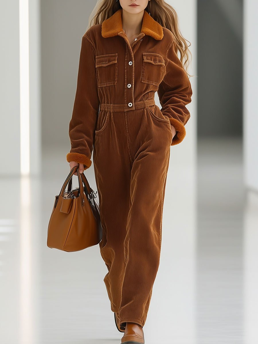 Casual Loose Retro Corduroy Multi-Pocket Fur Collar Long Sleeve Jumpsuit