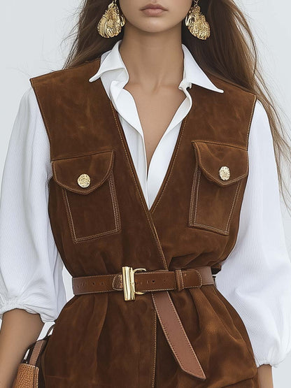 Elegant and Versatile V-neck Vest-style Brown Suede Mini Dress