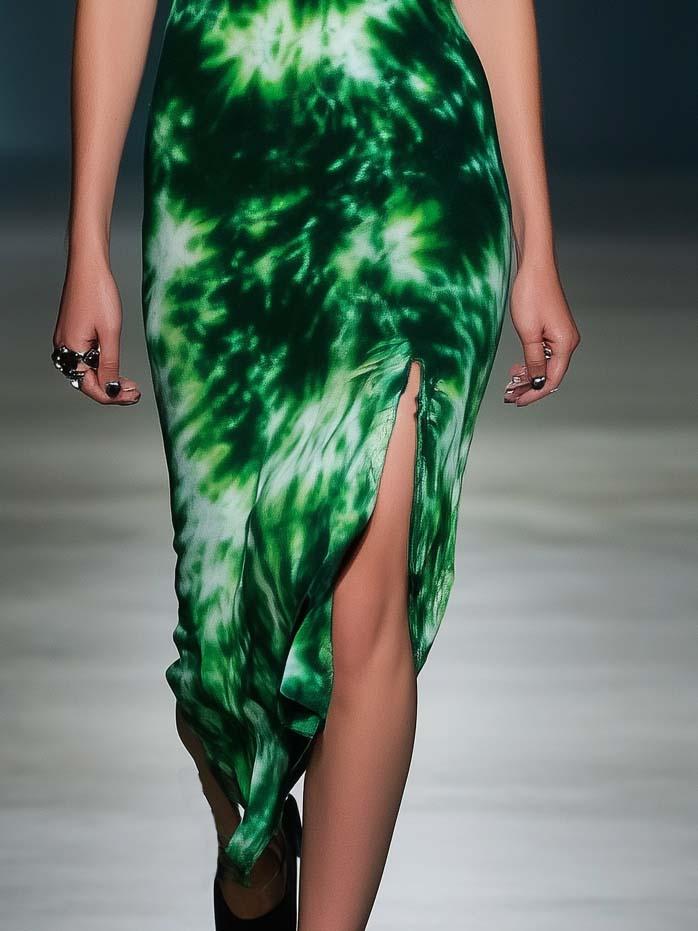 Art Print Emerald Green Short Sleeve Maxi Dress