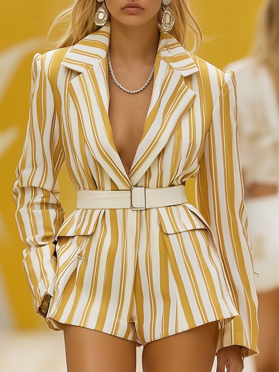 Casual Fashionable Simple Yellow Striped Shorts Jumpsuit