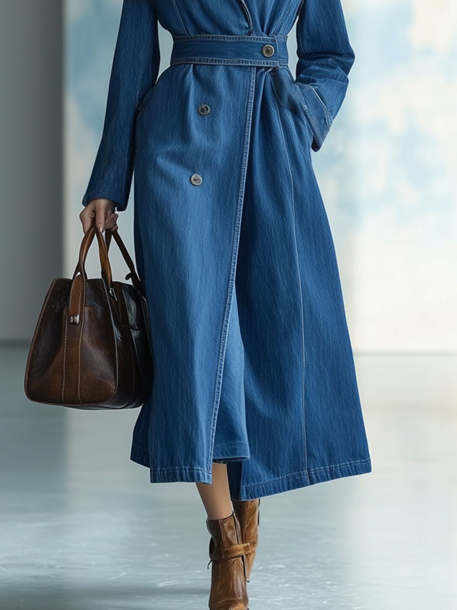 Casual Loose Retro Lapel Double-Breasted Denim Trench Coat