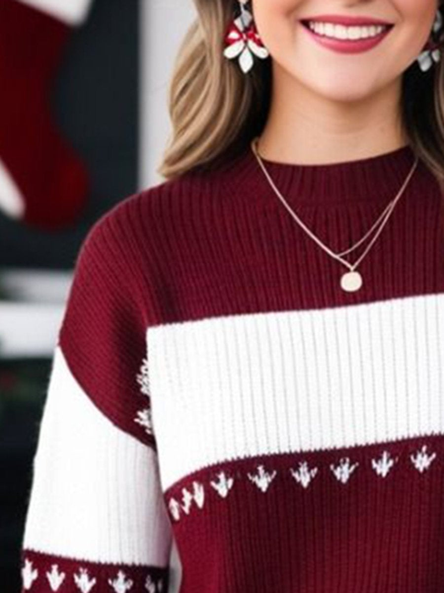 Casual And Fashionable Loose Red And White Striped Round Neck Pullover Sweater