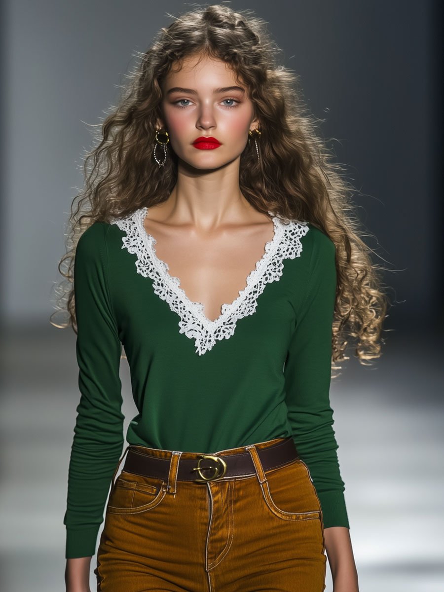 Casual Loose Green V-neck Lace Stitching Long Sleeve T-shirt