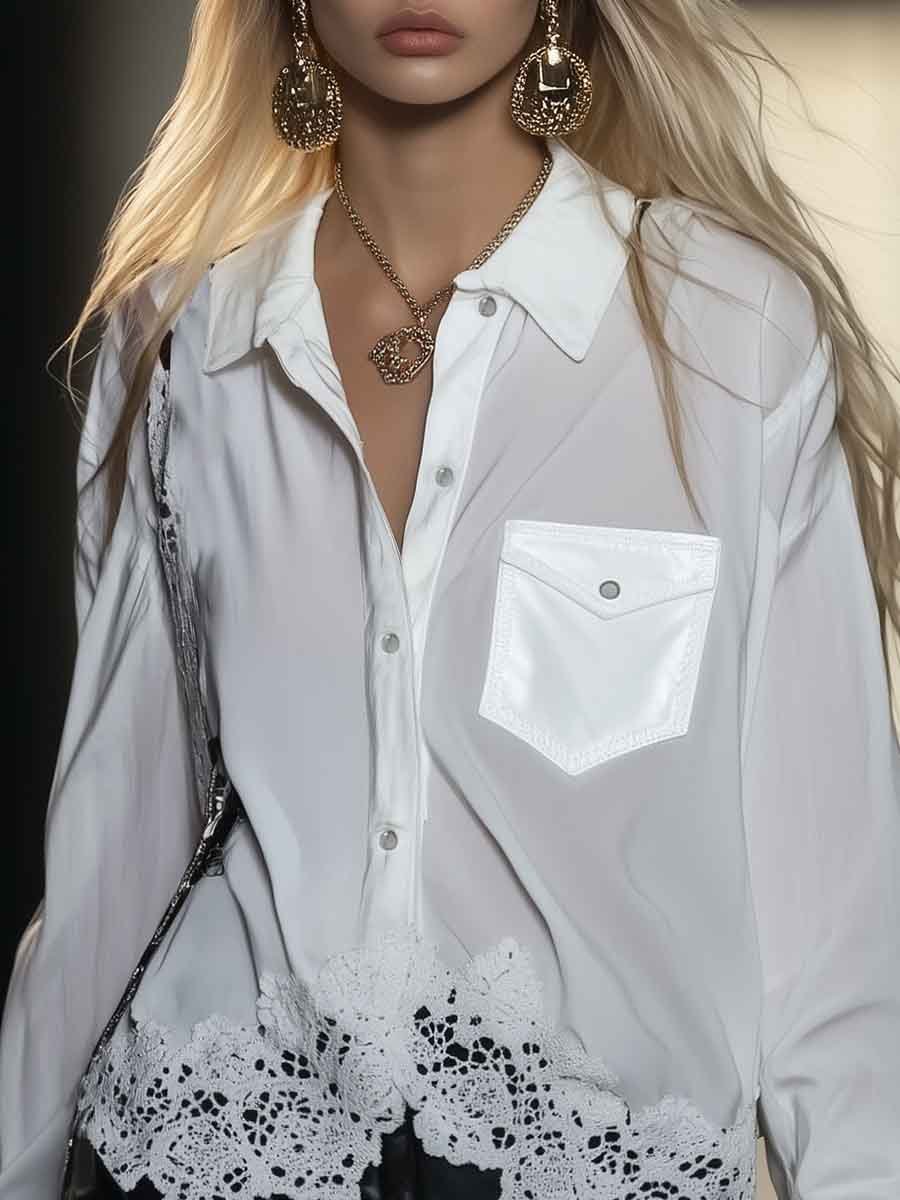 Elegant and Chic Hem Lace Stitching White Shirt