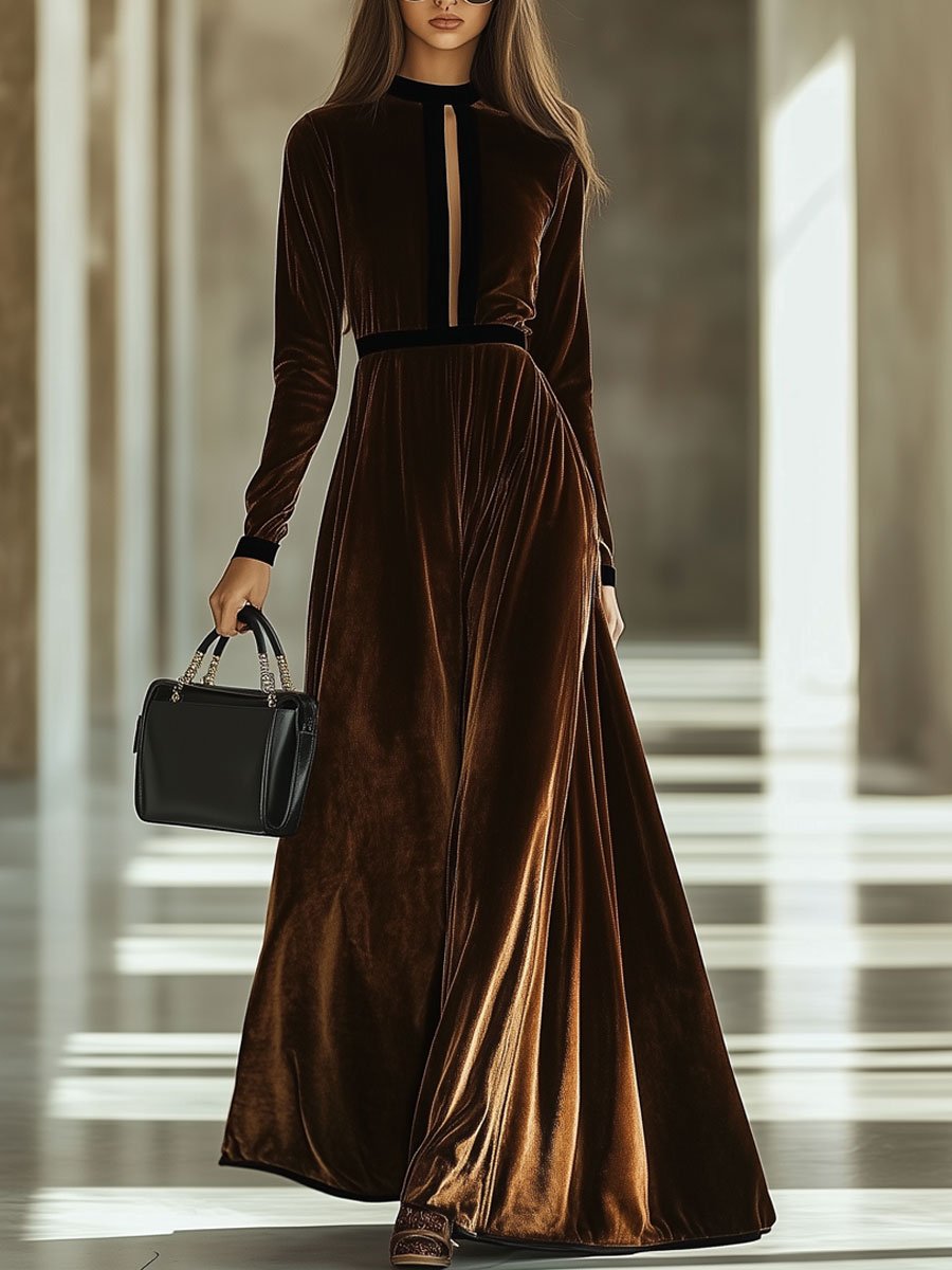 Retro Fashion Velvet Colorblock Hollow Long Sleeve Maxi Dress