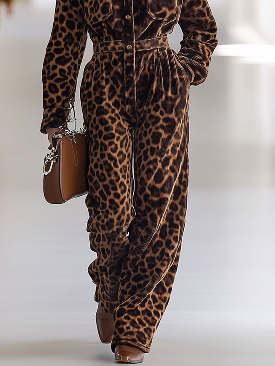 Casual Loose Retro Corduroy Leopard Print Multi-Pocket Long Sleeve Jumpsuit