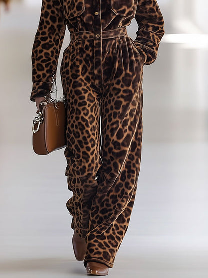 Casual Loose Retro Corduroy Leopard Print Multi-Pocket Long Sleeve Jumpsuit