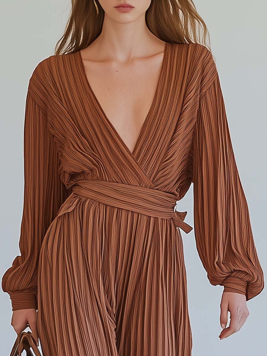 Casual Fashion V-neck Brown Striped Pleated Jumpsuit