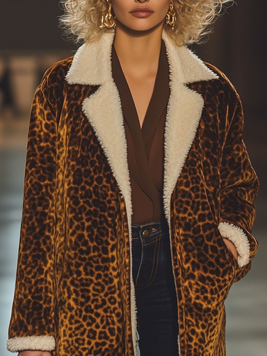 Casual Loose Retro Velvet Leopard Print Lamb Wool Patchwork Coat