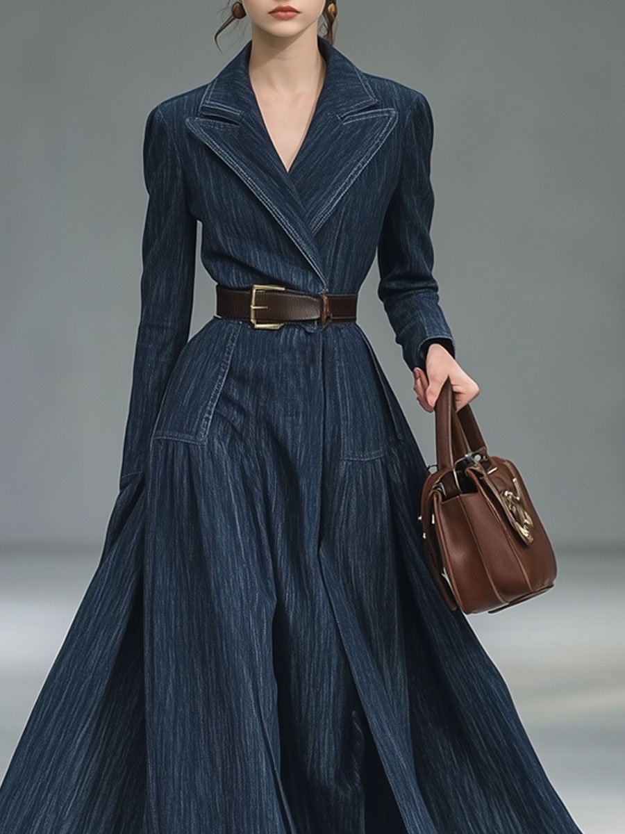 Casual Loose Retro Lapel Long Denim Trench Coat