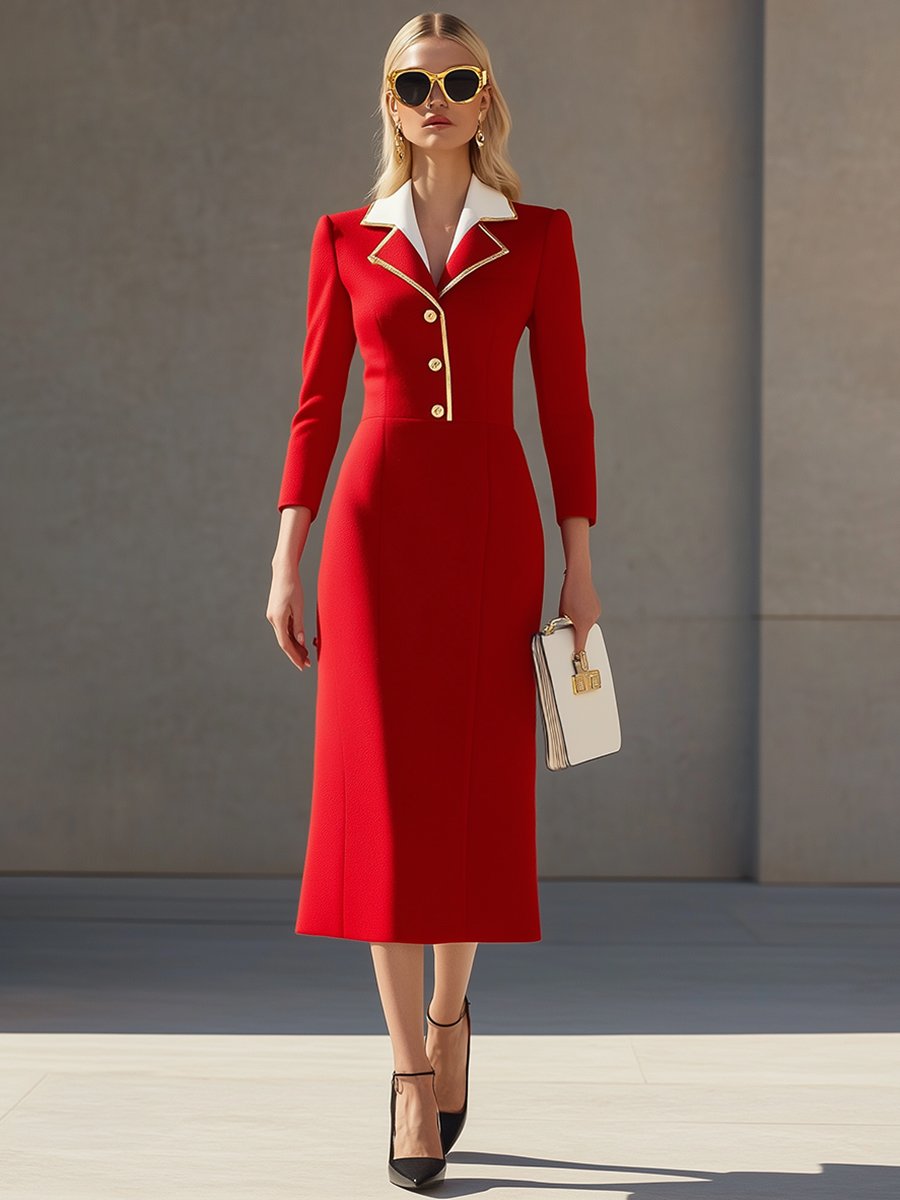 High-End Fashionable Temperament Contrasting Collar Red Woolen Midi Dress