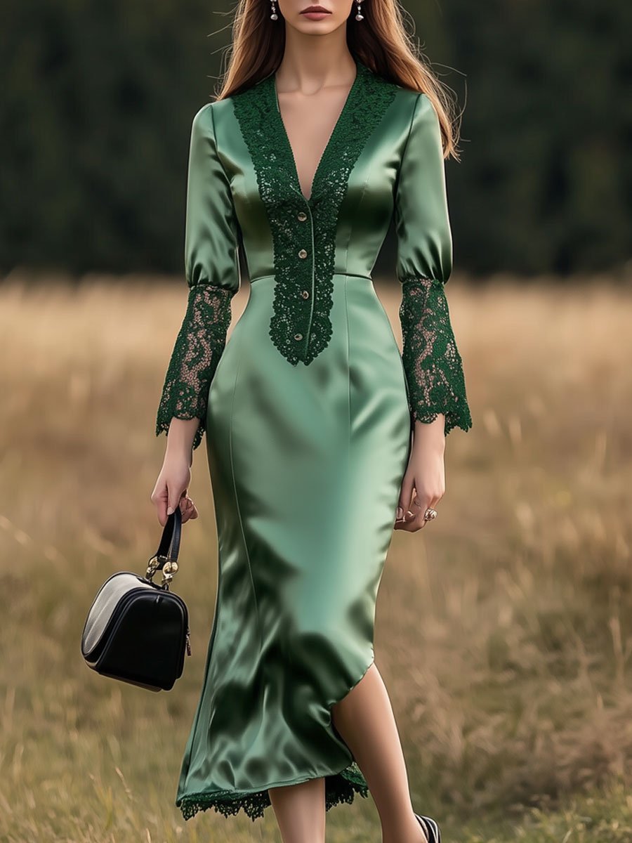 Retro Party Green Lace Satin V-Neck Long Sleeve Midi Dress