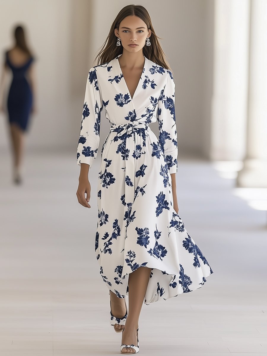 High-end Elegant V-neck Blue Flower Print White Long-sleeved Maxi Dress