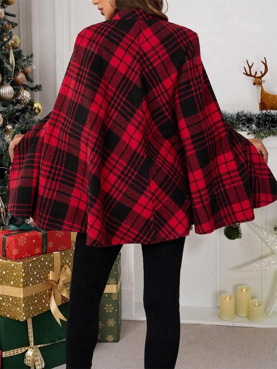 Retro Loose Fashionable Christmas Plaid Cape Woolen Coat