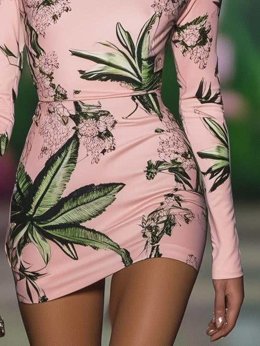 Elegant Printed Light Pink Long Sleeve Mini Dress