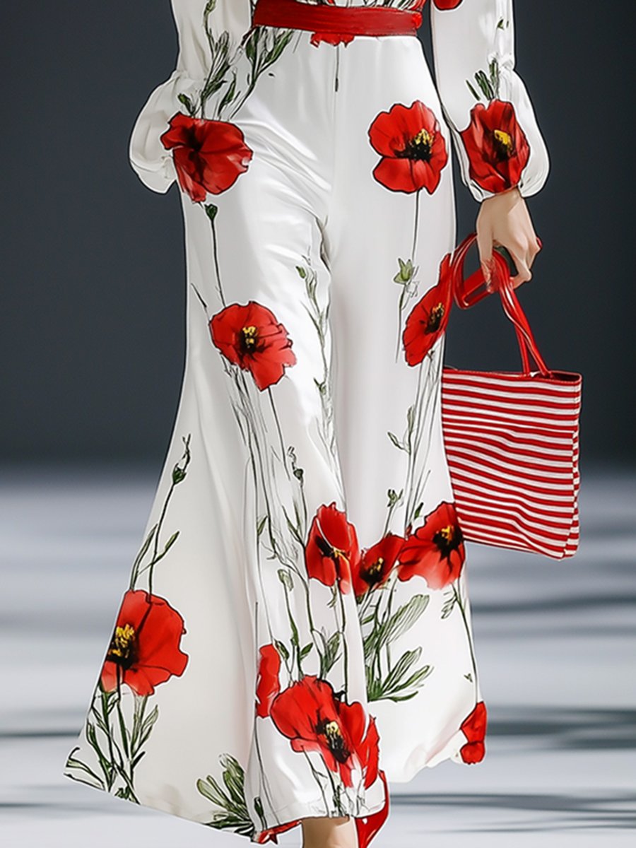 High-End Loose And Fashionable Poppy Print V-Neck Jumpsuit