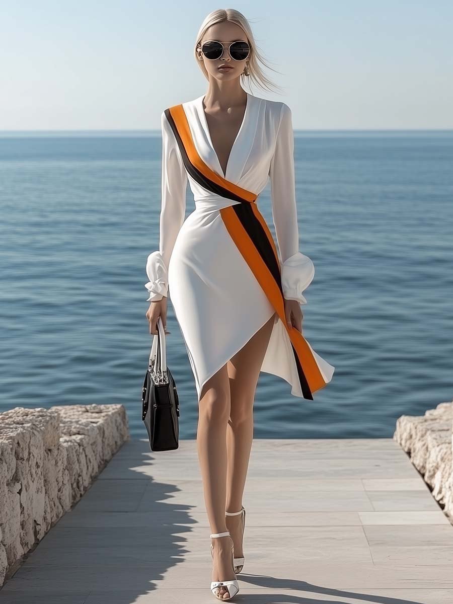 Fashion V-neck Orange and Black Contrast Wrap-around White Mini Dress