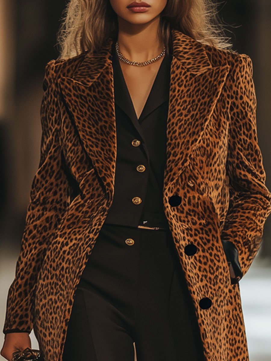 Casual Loose Vintage Velvet Brown Leopard Print Lapel Midi Coat