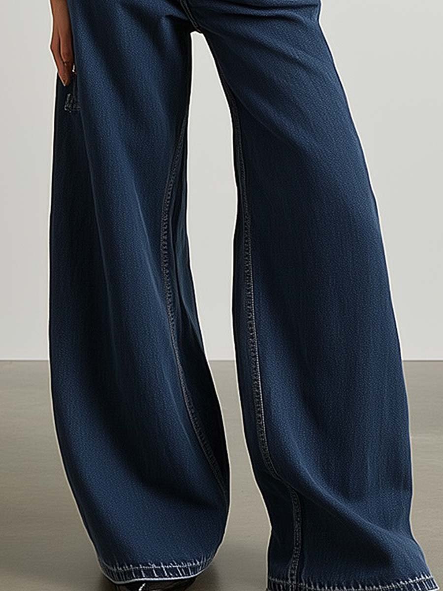 Retro Fashion Versatile Pocket Wide-leg Jeans