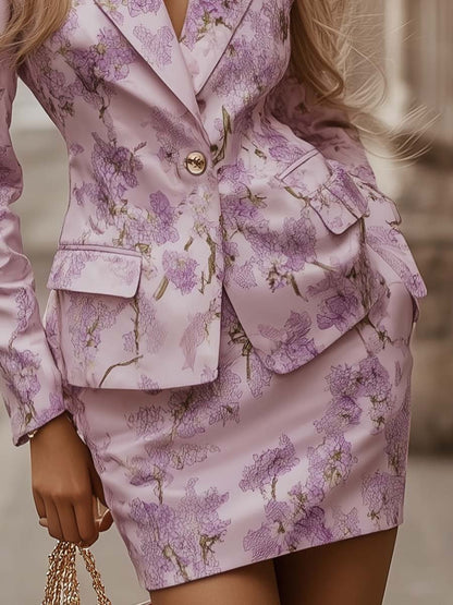 Elegant and Unique Purple Lavender Print Pink Satin Blazer and Skirt Set