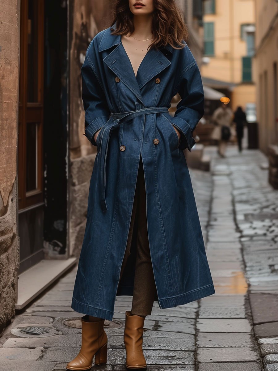 Casual Loose Retro Double Breasted Pocket Belt Denim Trench Coat