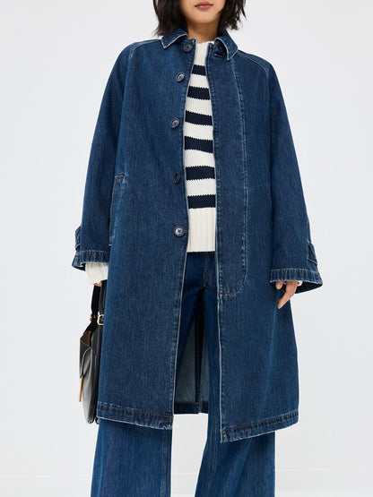 Casual Loose Retro Pocket Long Denim Trench Coat