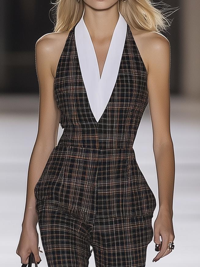 Elegant Halterneck Colorblock Plaid Sleeveless Jumpsuit