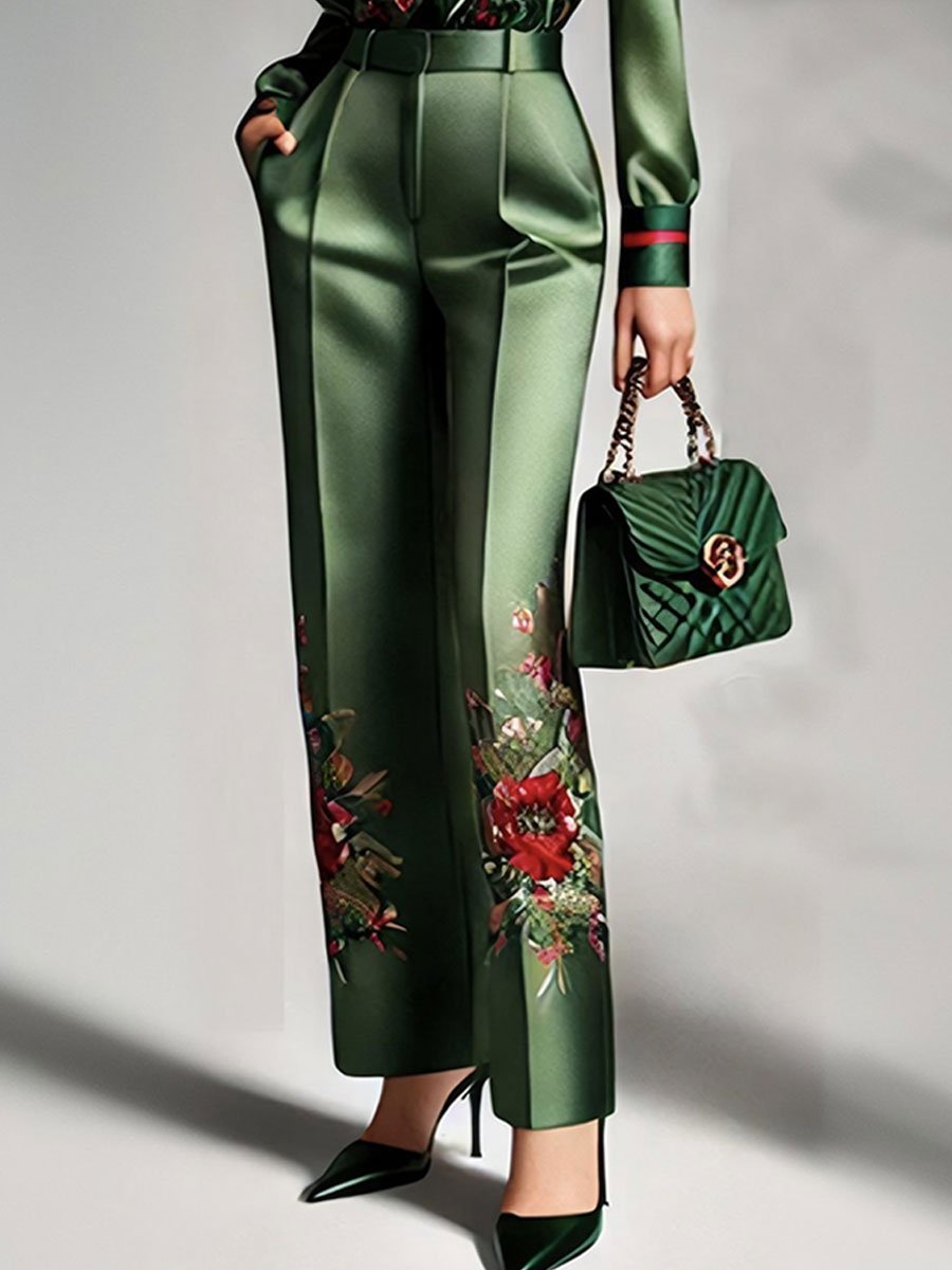 Fashionable Commuter Satin Floral Stripe Print Long-Sleeved Shirt And Pants Set