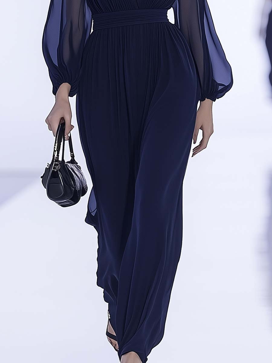 Elegant and Timeless V-neck Pleated Navy Blue Chiffon Jumpsuit