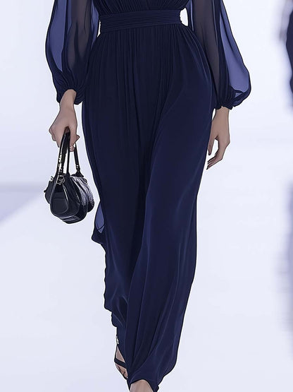 Elegant and Timeless V-neck Pleated Navy Blue Chiffon Jumpsuit