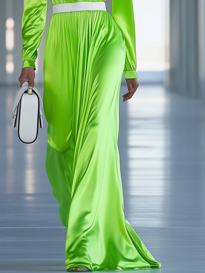 Temperament V-Neck Fluorescent Green Satin Long-Sleeved Maxi Dress