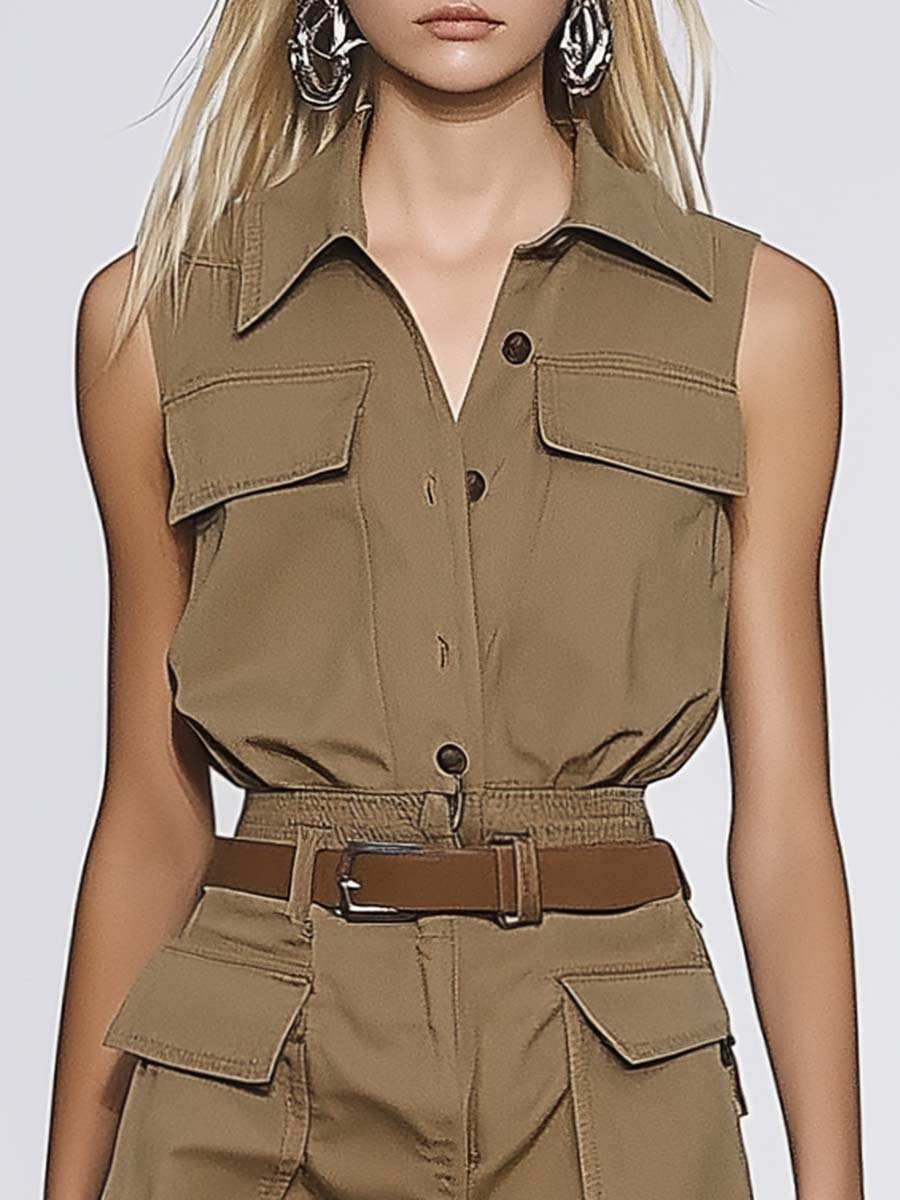 Personalized Shirt-style Sleeveless Belted Khaki Overalls Short Jumpsuit