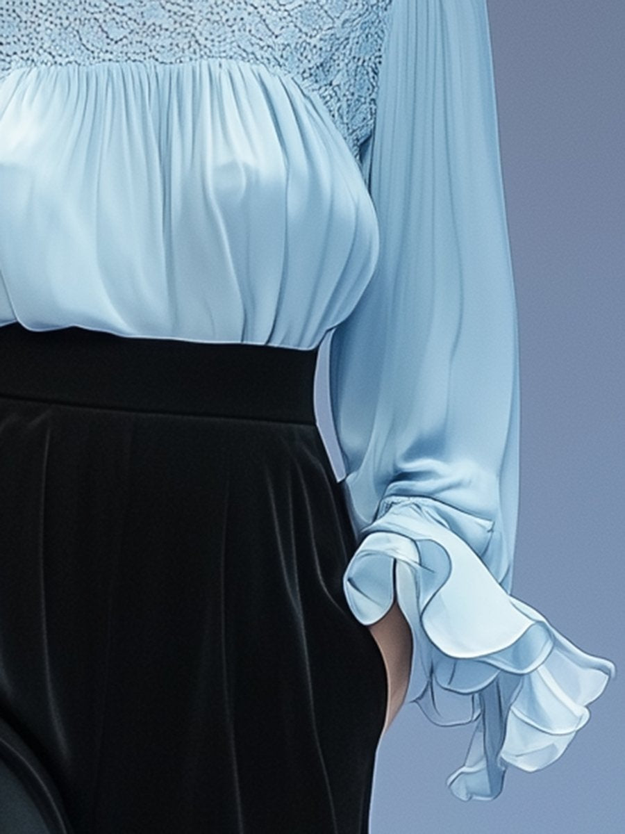 Elegant and Intellectual Baby Blue Ruffled Half-high Collar Chiffon Lace Top Blouse