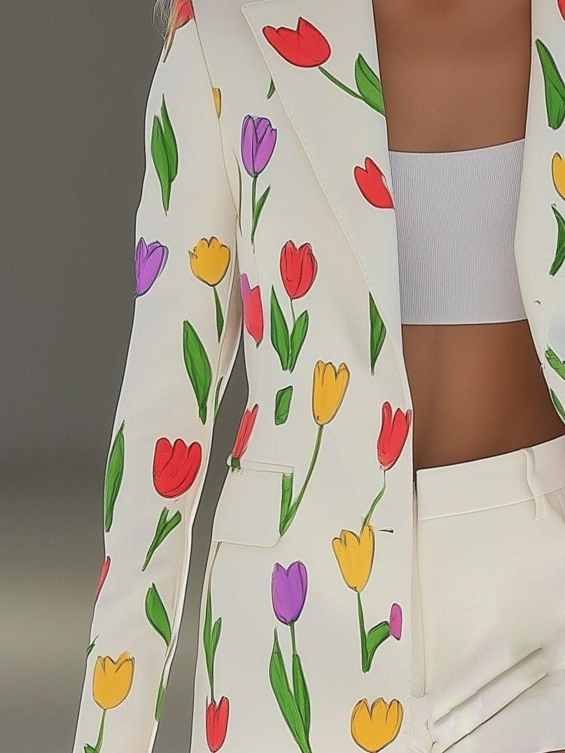 Colorful Tulip Flower Print White Lapel Blazer