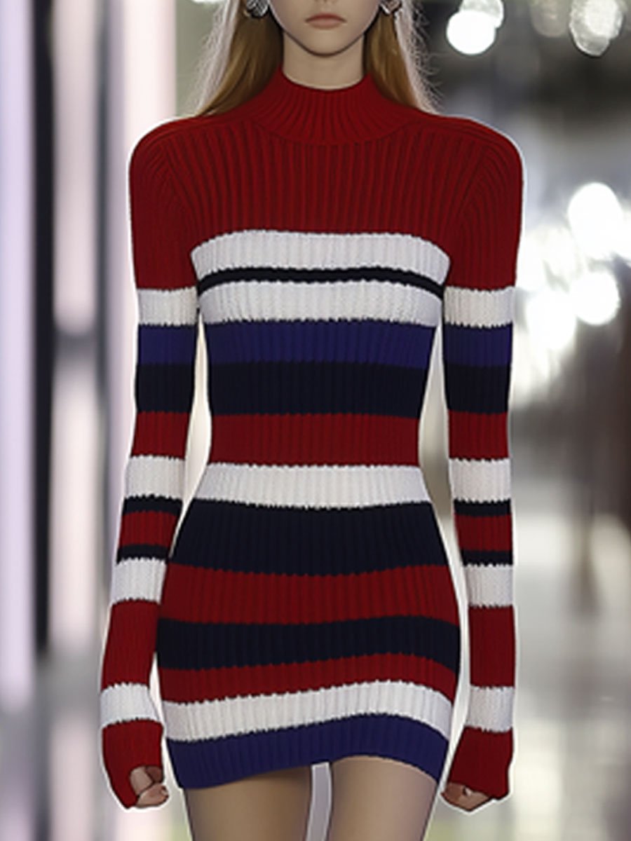 Fashion Retro Striped Colorblock Knitted Pullover Long Sleeve Mini Dress