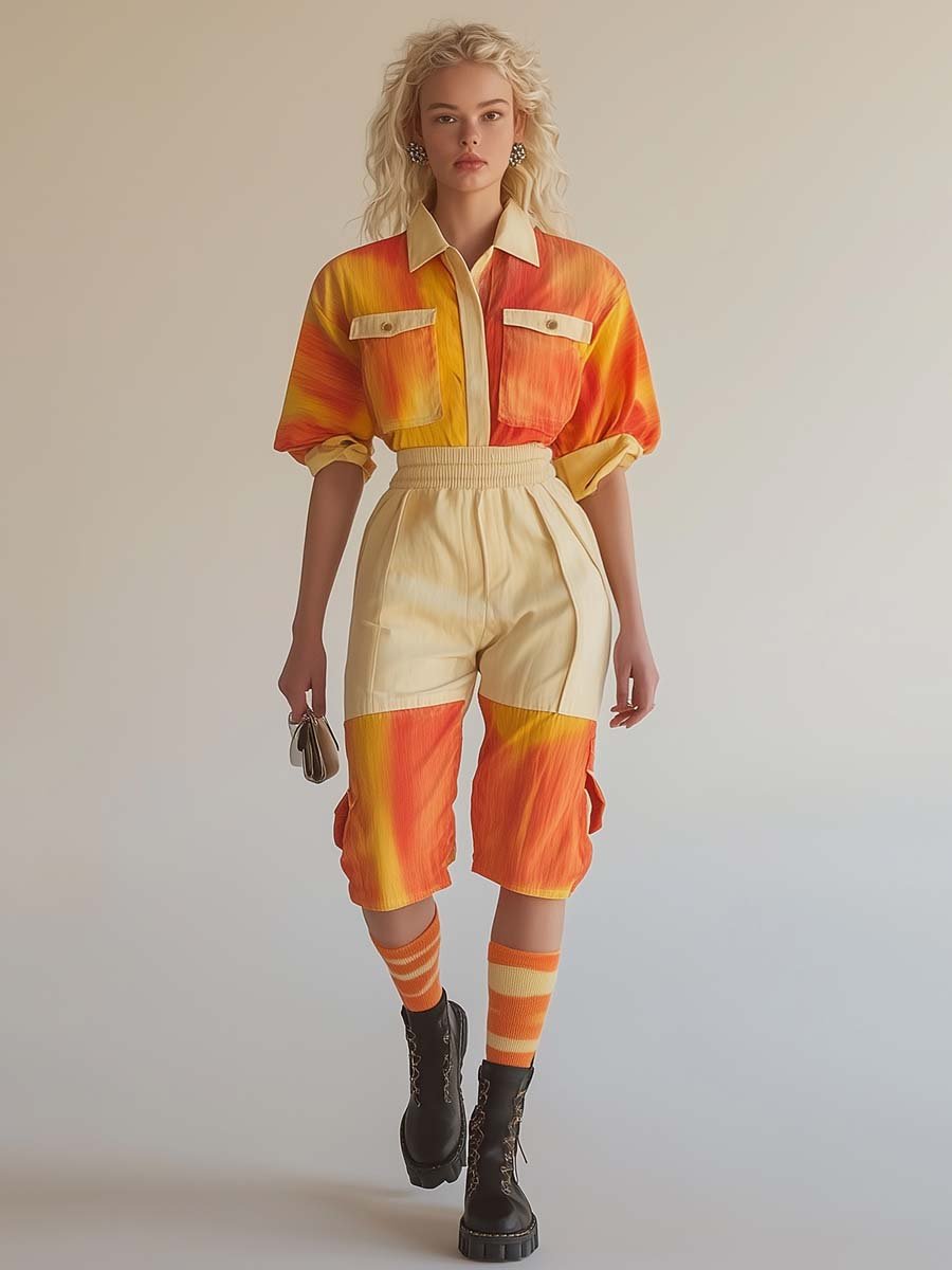 Fashionable and Vibrant Shirt-Style Orange Tie-Dye Contrast Short Jumpsuit