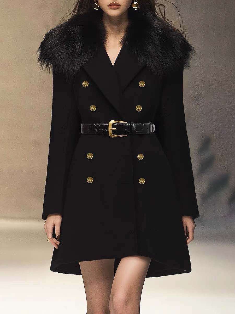 High-End Fashionable Loose Double-Breasted Woolen Coat With Fur Collar