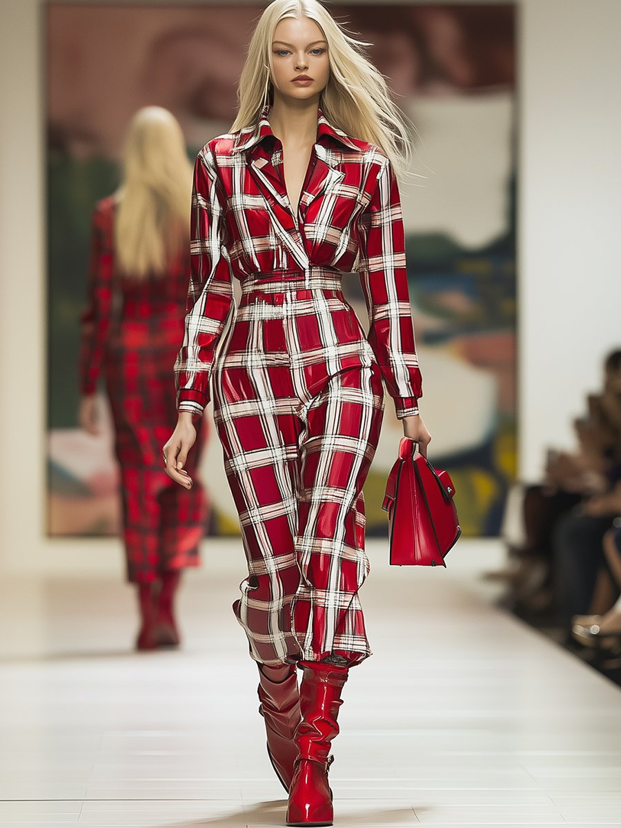 Fashionable Red Plaid Satin Long Sleeve Jumpsuit