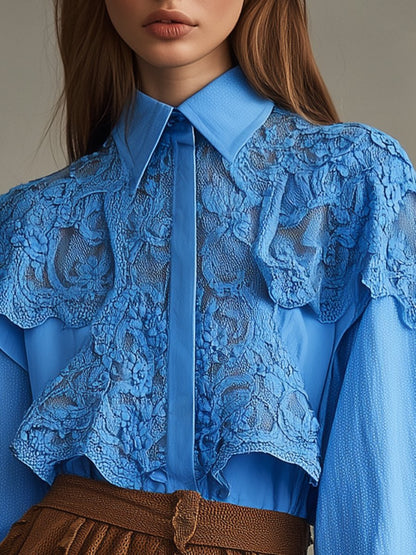 Casual Romantic Blue Lace Cotton Puff Sleeve Shirt