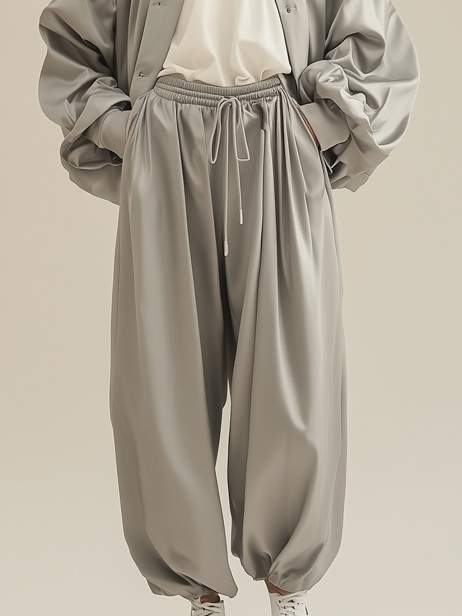 Elegant and Stylish Loose Gray Satin Puff Sleeve Casual Set