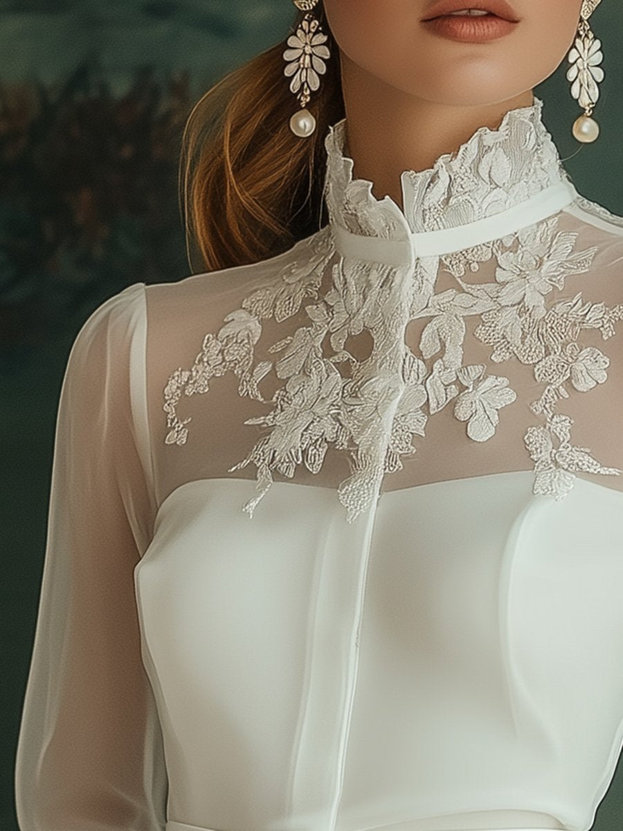 Elegant and Intellectual White Lace Transparent Collar Chiffon Shirt