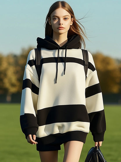 Casual Loose Black and White Striped Hoodie Long Sleeve Mini Dress