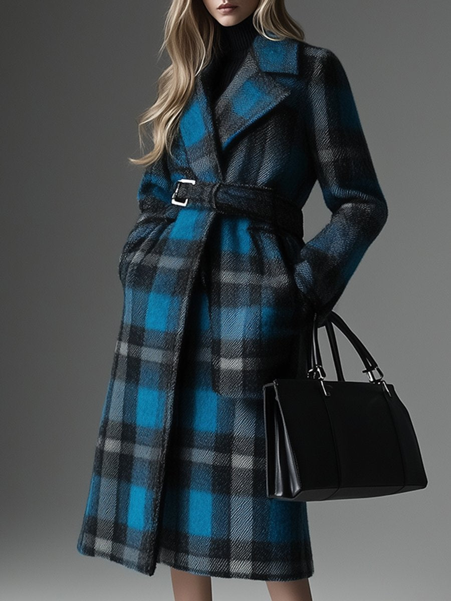 Casual Loose Retro Pocket Wool Plaid Mid-Length Coat