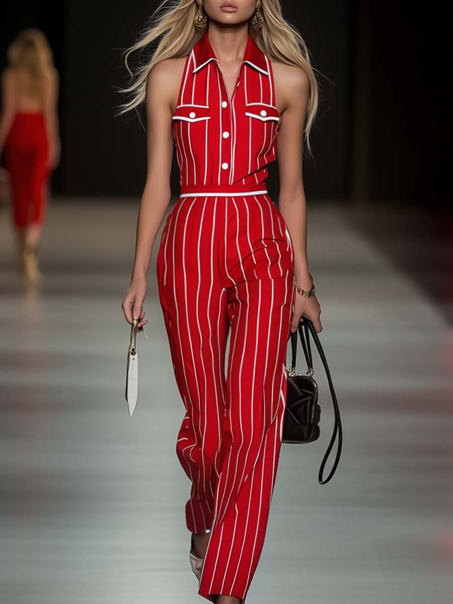 Elegant and Stylish Sleeveless Striped Red Jumpsuit