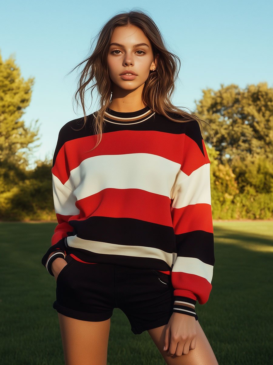 Casual Loose Colorful Striped Crewneck Sweatshirt