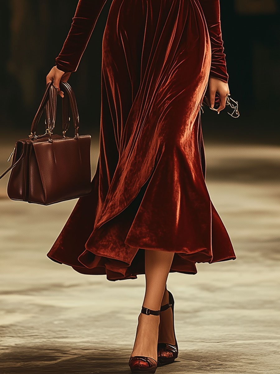 【24-hour shipping】Fashion Party Off-shoulder Solid Color Velvet Long Sleeve Midi Dress