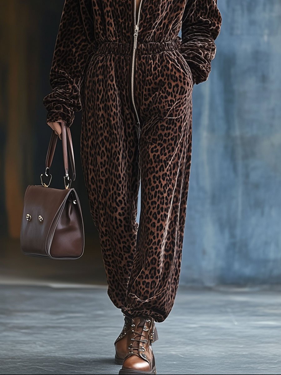 【24-hour shipping】Casual Loose Vintage Velvet Leopard Print Elastic Waist Zipper Hooded Jumpsuit