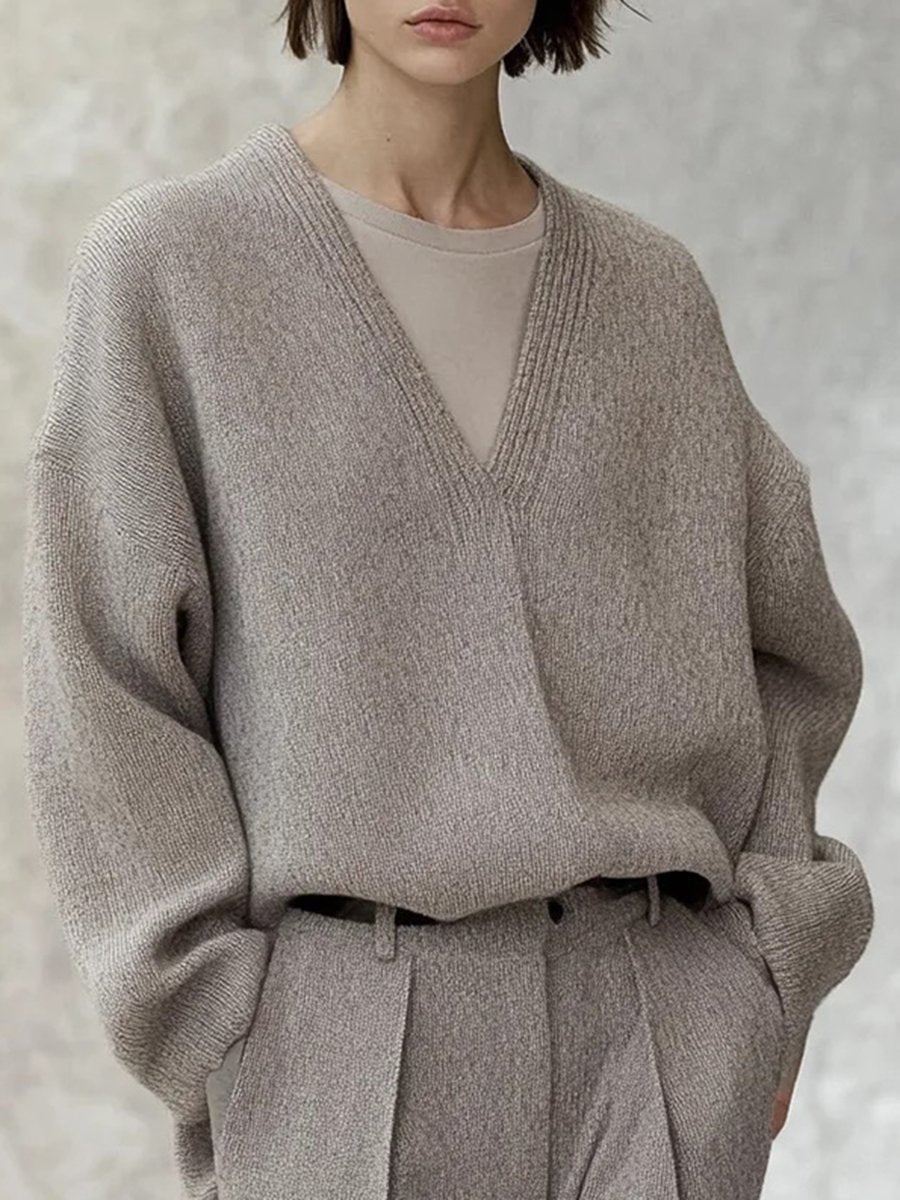 Lazy High-End Deep V-Neck Oatmeal Loose Pullover Sweater