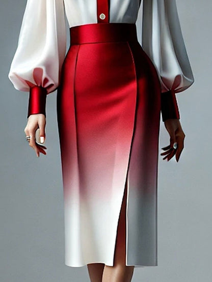 Fashionable Commuter Satin Red And White Gradient Long-Sleeved Shirt And Skirt Set