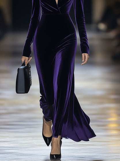 Fashion Retro Purple Velvet V-Neck Long Sleeve Maxi Dress